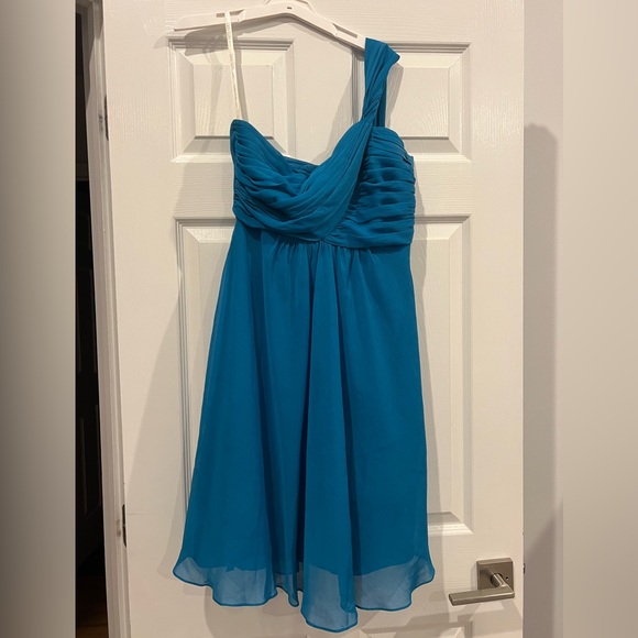 Davids Bridal Short One Shoulder Dress Pacific Blue. - Picture 5 of 7